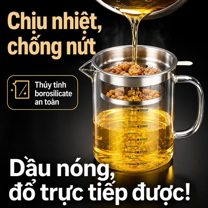 Ca Lọc Dầu Ăn - Thuỷ Tinh Borosilicate Chịu Nhiệt, Lưới Lọc Inox 304, Dung Tích Lớn, Tái Sử Dụng Dầu Sạch & An Toàn