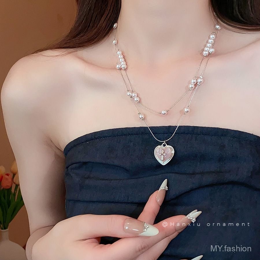 Vòng cổ mặt dây chuyền trái tim màu hồng ngọt ngào, Ngọc trai thời trang nữ khí chất hai lớp phù hợp