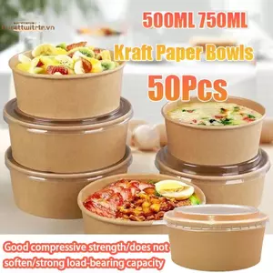 TRTR 50-Pa 500ml 750ml Bát Salad Dùng Một Lần - Bát Giấy Kraft Có Nắp Trong Suốt Nhiều Lựa Chọn VN