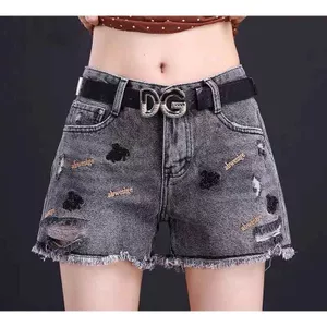 Quần short Denim nữ mùa hè a-Line Phong cách mới Phiên bản Hàn Quốc Hợp thời trang Thêu độc đáo dáng rộng rách-