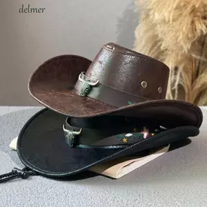 DELMER Sunscrean Bucket Cap, Mũ du lịch ngoài trời Da PU Mũ cao bồi phương Tây, Mũ chống nắng thanh lịch Dây rút Bò cô gái Mũ ngư dân Du lịch