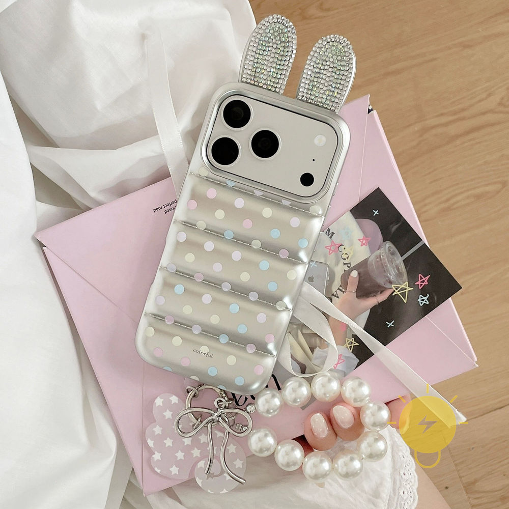 Phone Case For iPhone 17 Pro Max 16 15 TPU Cartoon Keychain Ear Star Pearl 3D Down Coat Style Aesthetic Korean Cute