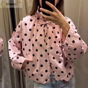 Áo khoác chấm bi nữ EDIWANY, Áo khoác ngắn tay dài một ngực, Áo khoác buộc dây rút quá khổ cho mùa xuân thu
