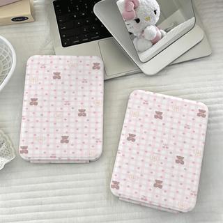 Gương gấp caro hồng gấu, gương trang điểm mini tiện lợi cho nữ