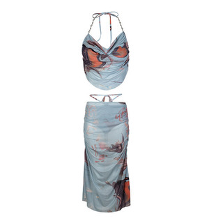 Bộ đồ bơi 3 mảnh nhuộm tie-dye, cổ trễ, buộc dây, váy dài, bikini xẻ tà gợi cảm dành cho nữ.