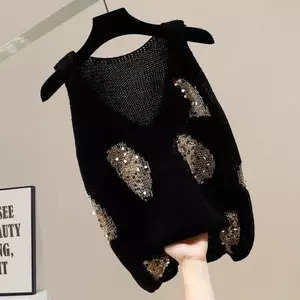 Kim Sa Lấp Lánh Vàng Thiết Kế Rỗng Cảm Giác Cổ Chữ V Áo Len Dệt Kim Không Tay Nữ Thời Trang Tất Cả Trận Đấu Ôm Hơn Nhìn Top