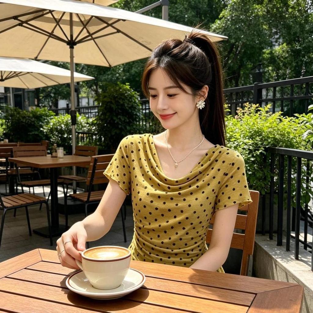 Milyfashion Cổ Xoay Chấm Bi Không Đều Lá Sen Khâu Áo Thun Tay Ngắn Mùa Hè Phong Cách Mới Mỏng
