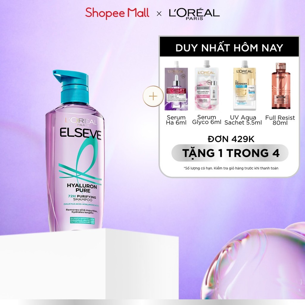 Dầu gội nhẹ bồng mái tóc 72H Elseve HA Pure cho da đầu dầu hoặc Moist cho da đầu khô 620ML