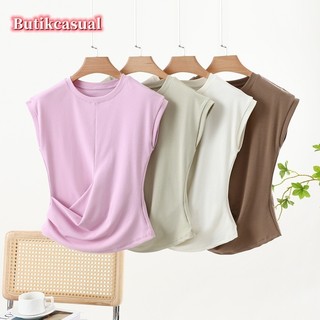 Áo thun nữ cotton không tay mỏng 2025 xuân hè thời trang mới xếp li đa năng áo thun dáng rộng áo sơ mi giản dị