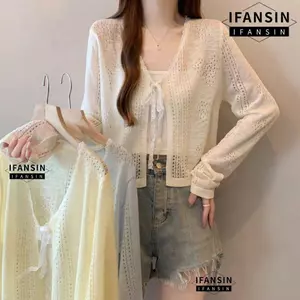 Áo chống nắng IFASIN, Áo len dệt kim cổ chữ V dài tay, Khăn choàng ngắn tay mỏng rỗng thông thường dành cho nữ