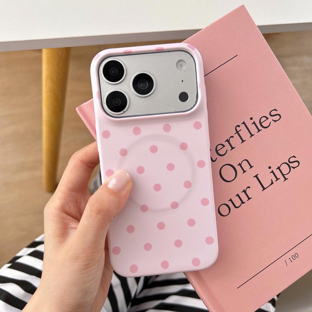 Vỏ từ tính cứng cho iPhone 11 11Pro 11ProMax 12 12Pro 12ProMax 13 13Pro 13ProMax 14 14ProMax 15 16E Plus air 17 17Pro 17ProMax Điểm chấm bi màu hồng mờ