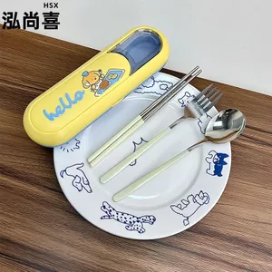 Hongshang Xiduo Panamine Hoạt Hình Bộ Đồ Ăn Thìa Inox Nĩa Đũa Tiệc Sinh Viên Trường Bộ Đồ Ăn Di Động Bảo Quản Thìa Thực Phẩm Phương Tây 6.