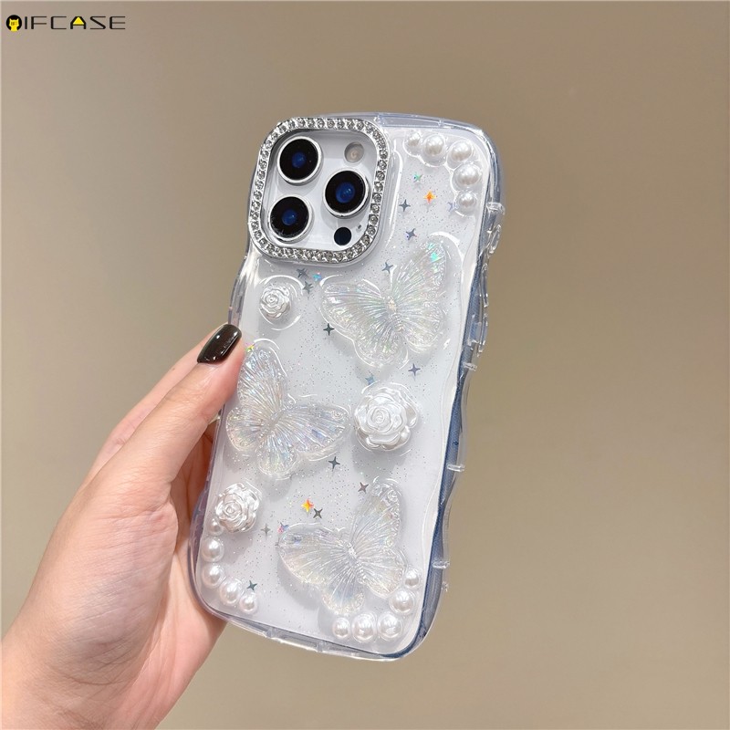 Ốp lưng 3D stereo cho OPPO Reno 15F 15 14 13 K14 K14X K13X K12X Find X8 Ultra Pro X8S, thiết kế bướm hoa hồng ngọc trai, viền sáng bóng