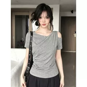 Áo thun ngắn tay đeo vai kiểu dáng không đều Modal dành cho nữ, mùa hè 2026 Phong cách mới Slim-Fit dáng rộng hẹp ngắn quây