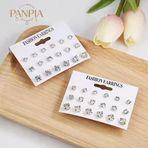 PNPIA- Thời Trang Đơn Giản 9 Đôi / bộ Mix Stud Bông Tai Bộ Vuông Hình Học Bông Tai Nữ Mới Kim Cương Giả Pha Lê Bông Tai Trang Sức