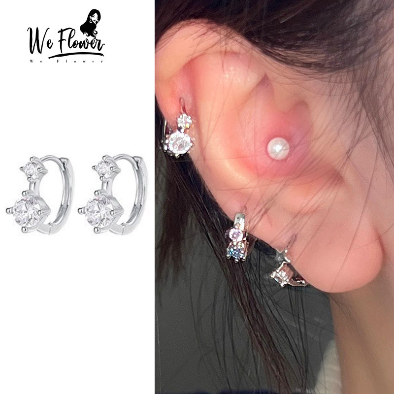 WeFlower Hàn Quốc S925 Bạc Lấp Lánh Pha Lê Hạt Vòng Bông Tai Nữ Thời Trang Bé Gái Xuyên Tai Vòng Tròn Trang Sức