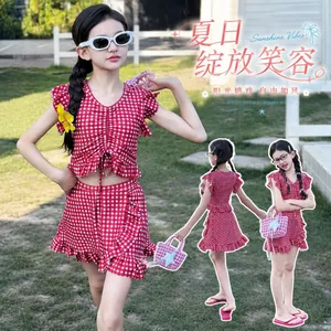 Đồ bơi xẻ kẻ sọc thời trang bé gái Mùa hè Phong cách mới Áo dây rút trẻ em + Đồ bơi váy xù
