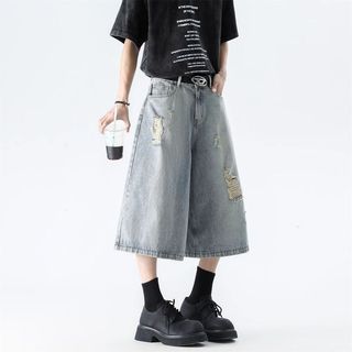 Quần crop denim đau khổ cao cấp phong cách đường phố cổ điển dành cho nam và nữ