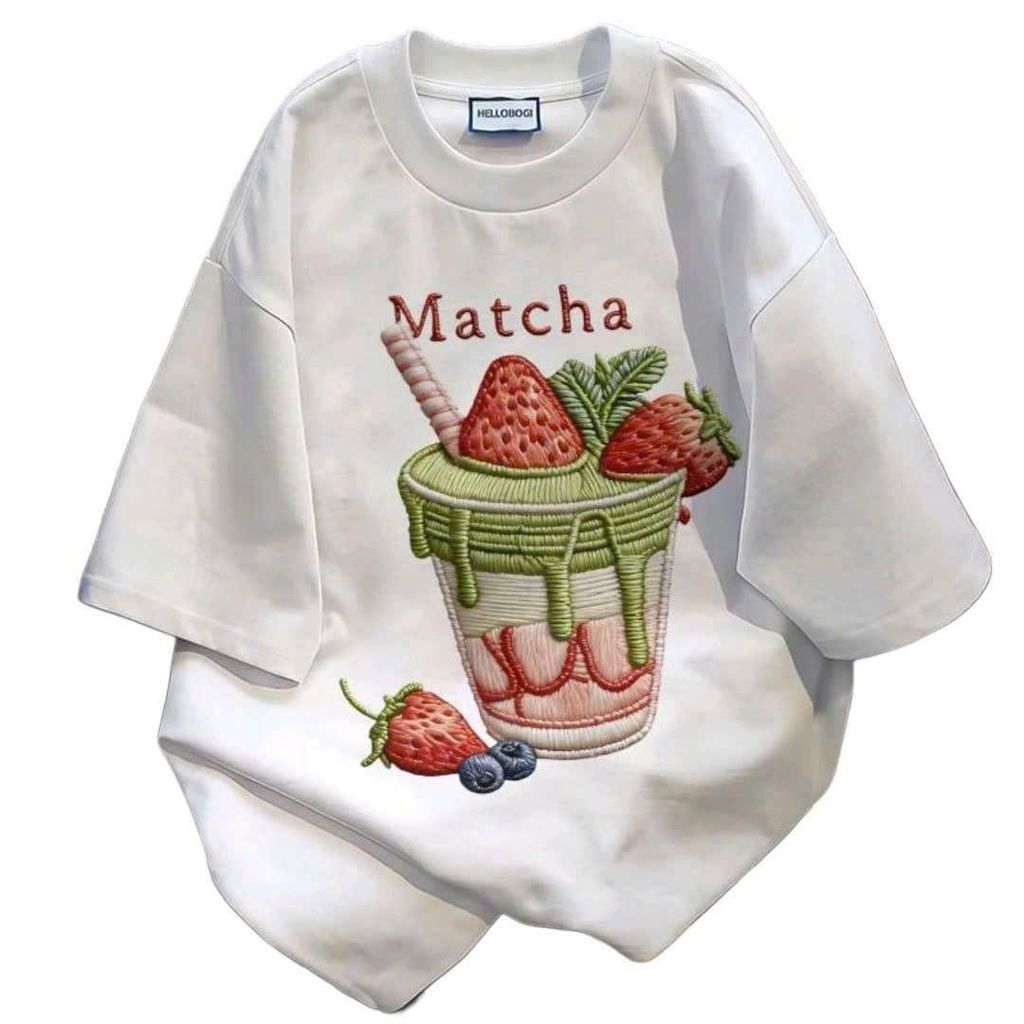 Áo phông form rộng oversize  tối giản phong cách  họa tiết Matcha và trái cây Quả dâu Tây