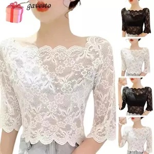 Áo nửa tay GAVESTO, Áo crop top nữ thêu xuyên thấu, Áo chui đầu ren cổ một chữ dành cho nữ