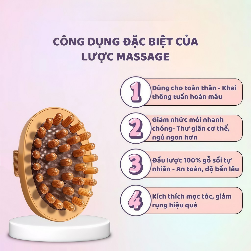 Lược Massage Da Đầu Bàn Chải Kinh Tuyến Di Động Chống Tĩnh Điện Thúc Đẩy Lưu Thông Máu Giảm Mệt Mỏi Bằng Gỗ - FE123
