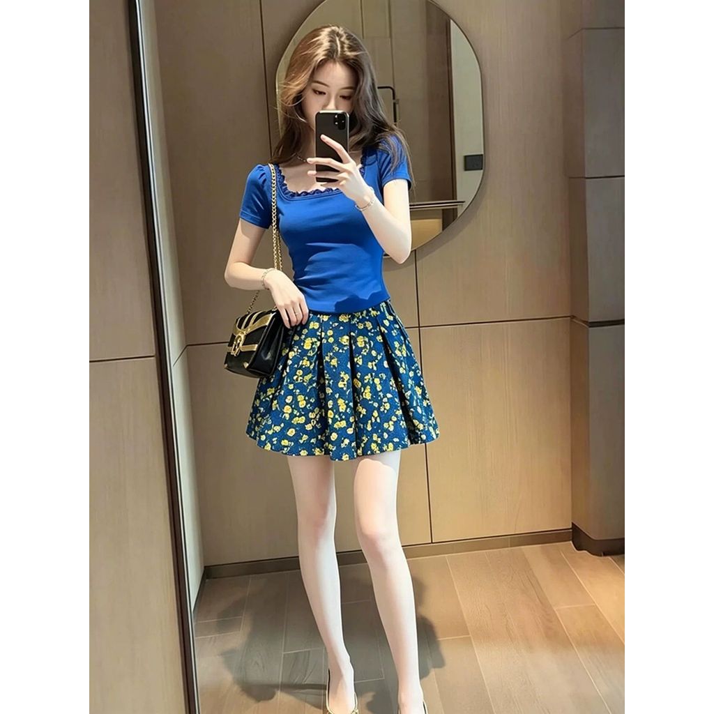 Klein Blue One Whole Set Pháp Retro Cổ Hẹp Top Nữ Cổ Vuông Áo Sơ Mi Nhỏ + Váy Hoa Phù Hợp Với Nữ