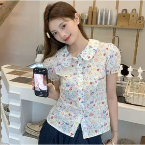 Áo sơ mi hoa tay phồng kiểu Pháp tay ngắn mùa hè Thiết kế phong cách mới Áo sơ mi ngọt ngào Slimmer Look Top