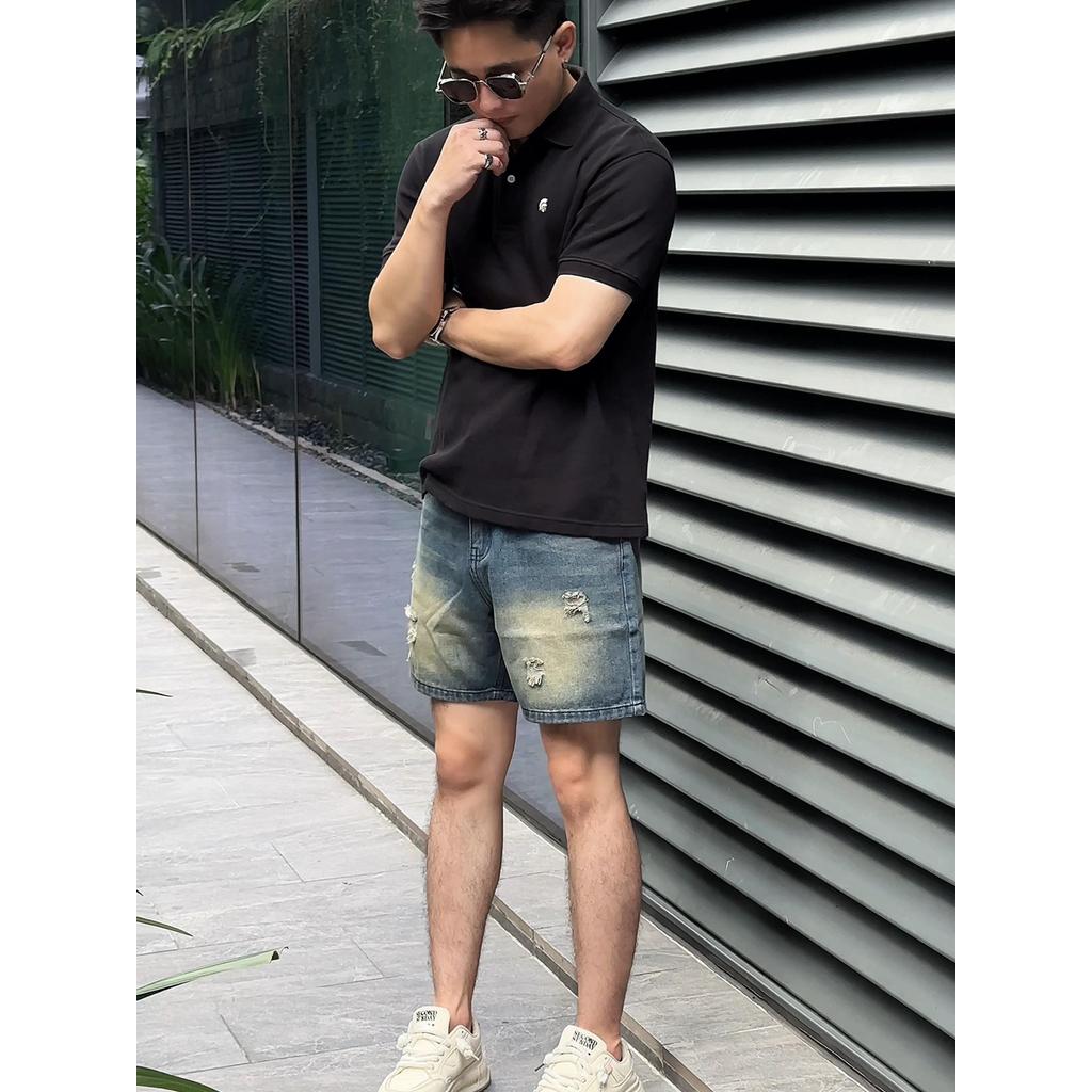 Quần Short Jean Nam DIN, Quần Xanh Đậm Vàng Form Trên Gối Rách Nhẹ, Phối Đồ Dễ, Phong Cách Streetwear Năng Động R2212