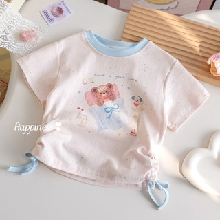 (1-8 tuổi) Áo thun họa tiết gấu bông có dây rút mùa hè Cotton thoáng khí ngắn tay cho bé