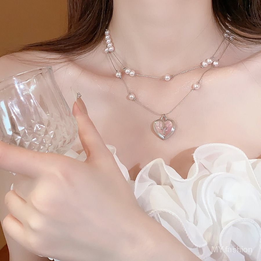 Vòng cổ mặt dây chuyền trái tim màu hồng ngọt ngào, Ngọc trai thời trang nữ khí chất hai lớp phù hợp