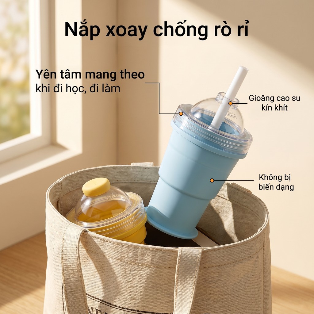 Cốc silicon gấp gọn, chất liệu thực phẩm chống rò rỉ kèm ống hút, dung tích lớn,cốc làm đá đa năng