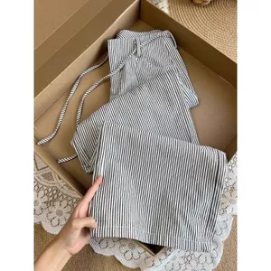 Thiết kế sọc trắng đen Quần ống rộng lười Drap thẳng Quần thường ngày Dây rút eo cao Quần phù hợp