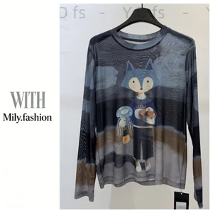 Milyfashion Hoạt Hình Cáo In Gạc Áo Thun Dài Tay Mùa Hè Phong Cách Mới Rời Mỏng Hơn Nhìn Xuyên Qua Kem Chống Nắng Top