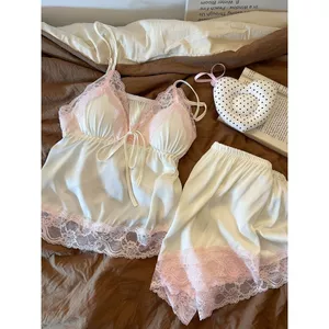 Với Ngực Pad 2026 Mùa Hè Hồng Ren Cạnh Sling Bộ Đồ Ngủ Nữ Ice Silk Cảm Giác Thoáng Mát Tinh Khiết Desire Homewear Set