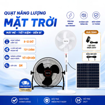 Quạt Đứng Tích Điện Năng Lượng Mặt Trời Công Suất Lớn, Gió Mạnh, Có Sạc USB Tiện Lợi