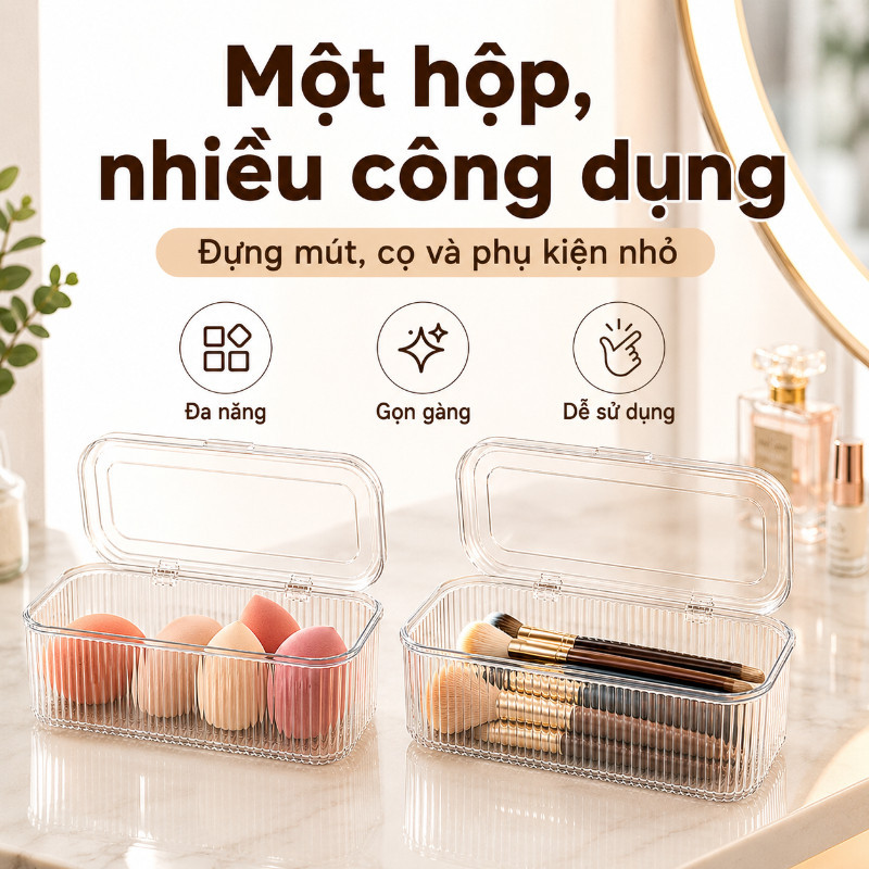 Hộp Đựng Đồ Trang Điểm Trong Suốt Bằng PET Cao Cấp – Dung Tích Lớn, Chống Bụi, Giải Pháp Sắp Xếp Gọn Gàng Cho Bàn Phấn