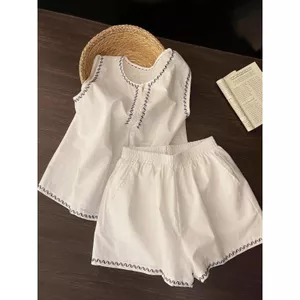 Áo Vest không tay màu tương phản thêu màu trắng mùa hè Phong cách mới Phong cách lười biếng dáng rộng đơn giản có thể mặc bên ngoài Bộ đồ hai mảnh bán chạy