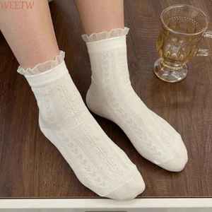 Tất ren trong suốt WEETW, Tất mỏng lưới mùa hè viền xù, JK Lolita Ice Silk Cọc lên tất ống giữa mùa hè
