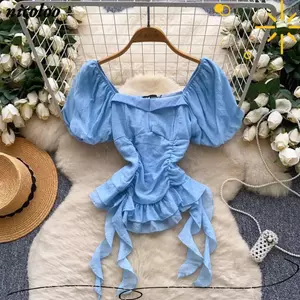 Áo sơ mi tay phồng NICOLOO Dopamine, Dây buộc xếp li Áo xếp li dành cho nữ, Áo nhẹ Y2K dễ thương Đường phố