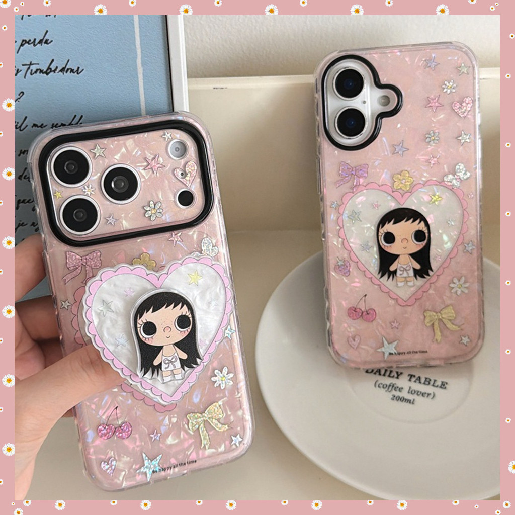 Vỏ Cho iPhone 17PM 16 Pro Max 15 IMD Craft Laser Shell Design YUY Girl Phim Hoạt Hình Chống Sốc TPU Mềm Chống Trầy Xước Chống Bụi Bẩn Vỏ Điện Thoại Có Chân Đế Trái Tim Tình Yêu
