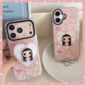 Vỏ Cho iPhone 17PM 16 Pro Max 15 IMD Craft Laser Shell Design YUY Girl Phim Hoạt Hình Chống Sốc TPU Mềm Chống Trầy Xước Chống Bụi Bẩn Vỏ Điện Thoại Có Chân Đế Trái Tim Tình Yêu