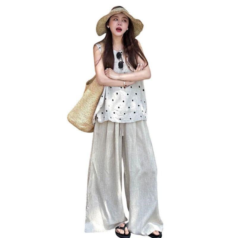 [Giảm giá 50%] Áo Vest không tay chấm bi phong cách Hàn Quốc Quần ống rộng Bộ đồ cỡ lớn Quần dáng rộng