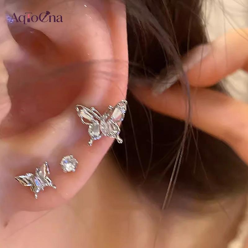 AqToCna 6 Cái / bộ Y2K Màu Bạc Kim Cương Giả Bướm Bông Tai Dành Cho Nữ Thời Trang Punk Bông Tai Bộ Đồ Trang Sức Hợp Thời Trang Quà Tặng AqToCna