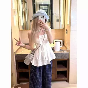 Sweet White Top Bow Tie Tube Top Vest Mùa hè Pháp Lá sen Sang trọng Phiên bản Hàn Quốc Eo hẹp thon gọn hơn