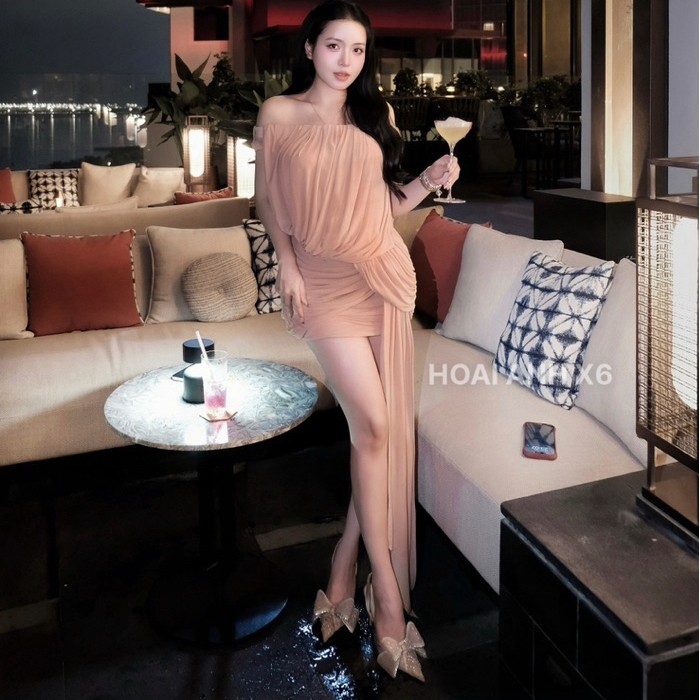 Đầm lưới trễ vai phối tà dài màu dịu mặc tiệc sự kiện siêu xinh 3 màu hồng - kem - nâu - xanh SM