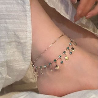 Blue Love Siêu Nhấp Nháy Vòng Chân Hai Lớp Nữ Mùa Hè Xếp Chồng Xương Đòn Dây Chuyền Tua Rua Vòng Cổ Tinh Tế Chân Dây Xích