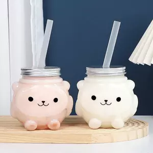 ECK 500ml Trà Sữa Nước Chai Nước Giải Khát PET Chai Nước Hoạt Hình Gấu Chai Dùng Một Lần Takeaway Chai Cà Phê Có Nắp Nóng