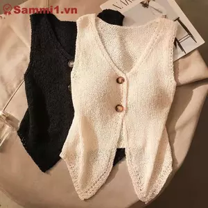 ZK Mùa Hè Nữ Thời Trang Màu Trơn Sang Trọng Nút Cổ Chữ V Không Tay Dệt Kim Camisole VN