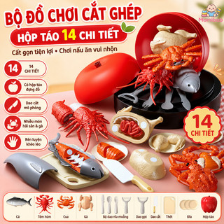Bộ đồ chơi cắt ghép 14 chi tiết – Hộp táo, dao cắt, thớt, đĩa – Rau củ, hải sản , gà – Mô phỏng nấu ăn, rèn khéo léo