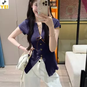< YEI > Áo thun dệt kim mỏng tay ngắn chữ V kiểu Pháp mùa hè dành cho nữ Mới